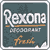 Pixelated static icon featuring the Rexona brand name with additional text elements on a dark teal background, framed by a light gray border.