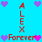Pixelated icon with blue background, red text "ALEX" and "Forever", purple and pink hearts arranged in a cross pattern.