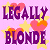 A 2x2 contact sheet of four animated frames showing a pixelated text-based icon with "LEGALLY BLONDE" in purple letters, pink and red hearts, yellow stars on a light purple background.
