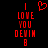 Red pixelated text and symbols on black background: 'I LOVE YOU DENIM B' with a heart symbol above 'I' in the left view, absent in the right view.