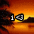 Pixelated image with text overlays on a sunset beach background showing a heart symbol and partial phrases.