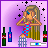 Pixelated doll with long blonde hair wears blue-and-red checkered top and gray pants, holding hands to ears against purple background with bottles and stars.