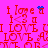 A bright pink background features repeated red text phrases and blue pixel clusters that animate as small blue dots move across the image.