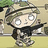 Pixelated cartoon character in military camouflage uniform and cap, holding a rifle, standing on grass with blurred background figures.