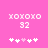 Pixelated pink background with white and light pink symbols: XOXO, 32, and five heart-like shapes in two