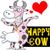 Pixelated pink cow with black spots, horns, and a yellow bell stands beside a black rectangle with yellow text, holding a red heart above its head.