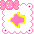 Pixelated pink and yellow cross-shaped icons with white borders, framed by pink bows on a gray background.