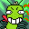 Pixel art animation of two green alien characters with exaggerated expressions and red tongue-like appendages, displayed in a 2-frame contact sheet format.