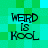 Green and cyan pixelated background with four identical text blocks reading 'WEIRD IS KOOL' in black blocky font