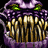 Pixelated static icon of a purple creature with glowing green eyes and golden teeth against black background