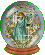 Three identical snow globe icons with a figure in blue dress and brown hair, set on reddish-brown bases against gray background.