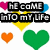 Pixelated graphic with text and heart symbols; red broken heart, green heart, orange heart, pink heart, yellow heart, blue heart visible.