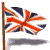 Animated Union Jack flag on a brown pole with three distinct waving poses , each frame showing the flag's fabric movement against white background