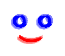 Animated sequence showing three distinct facial expressions: a smiling face with blue eyes, a neutral face with black eyes, and a sad face with star-shaped eyes.