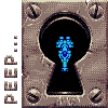 Pixel art of a blue keyhole-shaped object inside a brown metal frame with four screws, next to vertical text reading "PEEP..." on the left.