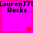 Four identical pink squares with red borders display 'LaurenJ78 Rocks' text and heart symbols, arranged in a with heart animations