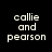 Four quadrants display 'callie and pearson' text in white pixelated font against black, dark red, bright red, and deep red backgrounds.