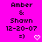 Pixelated text and symbols on a bright pink background with two identical side-by-side layouts featuring names, date, smiley face, and heart.