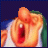 Pixelated cartoon character with orange skin and green hair, mouth open in a wide yawn, displayed in a with text overlays