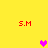 Yellow background with four red 'S.M' text elements and three pink heart icons in a