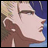 Pixelated anime-style profile of a character with light hair and blue background, next to stylized text on black background.