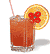 A pixelated glass of red liquid with a straw, garnished by a lemon slice and red text on the slice.