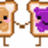 Two pixelated toast slices holding hands, one with purple spread, transform into a banana character and then a dessert-like figure.