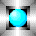 Two pixelated circular icons in black square frames, one light blue with a bright highlight on left side, the other teal with a lighter highlight on upper right.