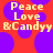 Pixelated text 'Peace Love &Candyy' in yellow on red background with purple circles, static image.