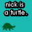 Two side-by-side pixelated text with 'nick is a turtle.' above green turtles on teal background, differing in text color and outline