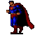 Pixelated Superman animation frames showing sequential walking motion with red cape flowing left to right across nine views.