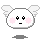 Pixelated white circular character with pink cheeks, black eyes, and gray outline; wings shift from side to top while mouth changes from closed to open.