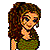 Pixelated cartoon woman with brown hair in a ponytail wearing a green top next to green text on dark background.