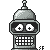 Pixel art robot icon with changing facial features and text displays , rendered in grayscale tones on a gray background