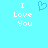 Pixelated cyan background with white text "I Love You" on left and right, blue heart symbol between them.