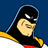 Pixelated cartoon character with black hooded cloak, blue outline, yellow shoulder accents, and red lower garment against solid dark blue background.