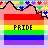 identical rainbow flag icons with 'PRIDE' text, each bordered by a pink mountain range and starry top border