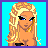 Pixel art of a blonde woman with blue eyes and black eyeliner, wearing a black top and white shorts, with text reading 'i love my sis lacey' below.