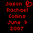 Red pixelated text on black background displays 'Jason & Rachael Collins June 9 2007' with a heart symbol replacing the ampersand in one version.
