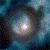 A blue stylized 'M' logo with a golden crown and winged base, set against a dark blue nebula background with a bright central light expanding outward.