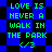 Green pixelated text reads "LOVE IS NEVER A WALK IN THE PARK "/3" on a blue and black checkered background with animated diamond-shaped pattern.