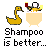 Pixel art of a yellow duck in a beige tub with a person holding shampoo and conditioner bottles, paired with text phrases about hair care.