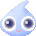 Pixelated blue water droplet with large eyes and a small red mouth, shown in two states: full size and a smaller version with eyes closed.