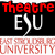 Pixelated graphic with red 'theatre' text above black background, white 'ESU' letters with lightning bolt between E and U, and pinkish-red 'UNIVERSITY' below.