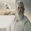 A static figure with long white hair and beard in a light robe, set against four changing background showing a horseback rider