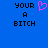 Blue background with black pixelated text 'YOUR A BITCH' on both sides and a pink heart symbol between them.