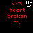 Pixel art display with red text and symbols on black background, featuring 'heart broken =' text and emoticons.