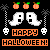 Pixel art animation of Halloween-themed elements including ghosts, pumpkins, and skulls with 'HAPPY HALLOWEEN!' text on black background.