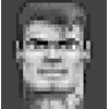 A grayscale pixelated avatar with a neutral expression, featuring a of black-and-white text symbols and partial letterforms in the corners