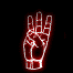 Red neon outline of a hand making various gestures against black background, including three-fingered gesture, fist, pointing finger, open palm, and clenched fist.